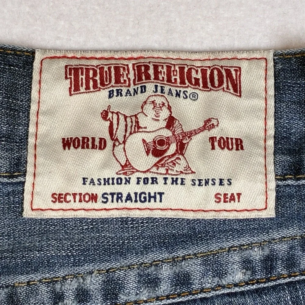True Religion Ricky Straight Flap Men 33 x 33 Blue Distressed 100% Cotton Jeans